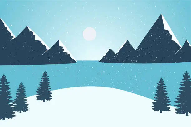 Vector illustration of Winter landscape at sea, with mountains and fir trees. Winter vector illustration.