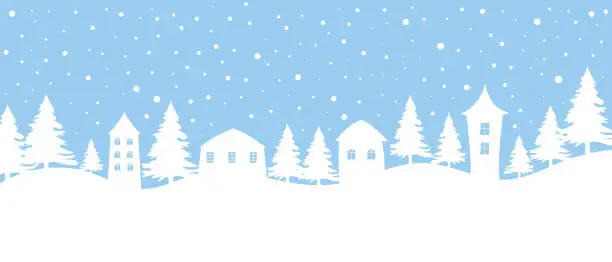 Vector illustration of Christmas background. Winter village. Winter landscape with houses and fir trees.