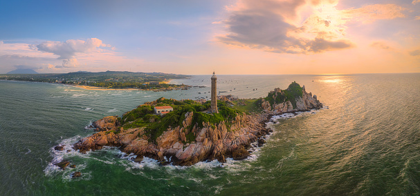 Drone view Ke Ga lighthouse on a island of Ke Ga - Binh Thuan province, central Vietnam