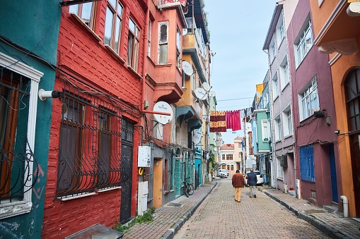 Istanbul, Turkey - November 28, 2021: The old district in the center of Istanbul. Buildings with the peculiarities of the culture of this city.