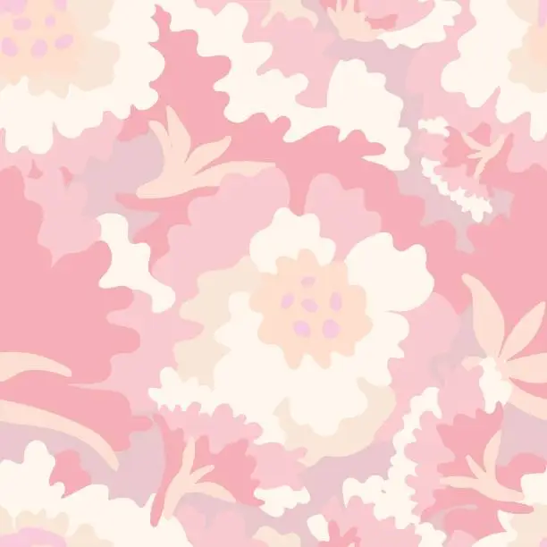 Vector illustration of A white and pink large scale floral pattern, dreamlike illustration, soft tonal range, fluid