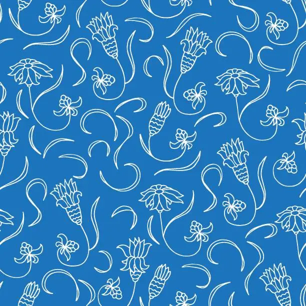 Vector illustration of Blue background with white flowers in the style of art nouveau. Seamless pattern.