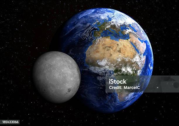 Tierra Y Luna Y Las Estrellas En El Fondo Foto de stock y más banco de imágenes de Luna - Satélite terrestre - Luna - Satélite terrestre, Lunas planetarias, Planeta Tierra