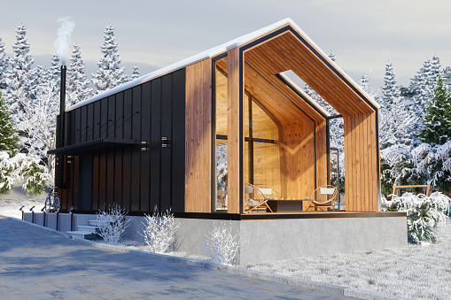 Exterior Of Wooden Tiny House With Snowy Garden And Snow Covered Trees
