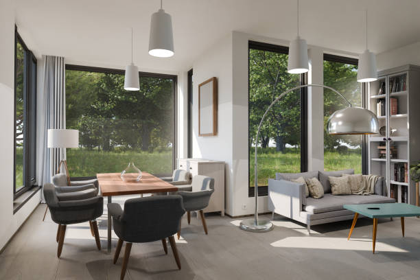 istock comfortable and modern dining and living room interior; rural design; bright sunlightl in ; 3D rendering 1854335969
