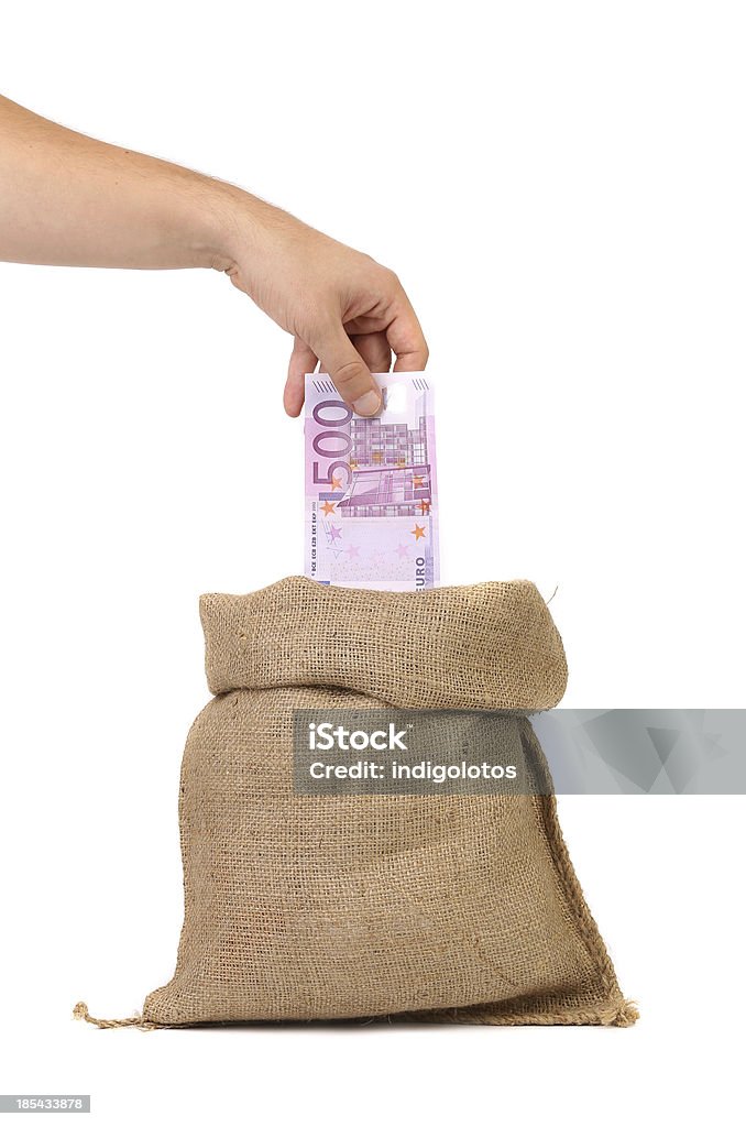 Abrir bolsa con 500 euros - Foto de stock de Arpillera libre de derechos