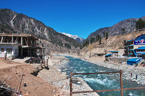 Kalam, Pakistan - 03 Apr 2021: The river of Kalam valley in Himalayas, Pakistan