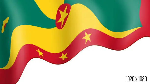 Vector illustration of Grenada country flag realistic independence day background. Grenada island commonwealth banner in motion waving, fluttering in wind. Festive patriotic HD format template for independence day