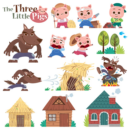 Vector illustration of Cartoon The Three little pigs. Set of cute characters