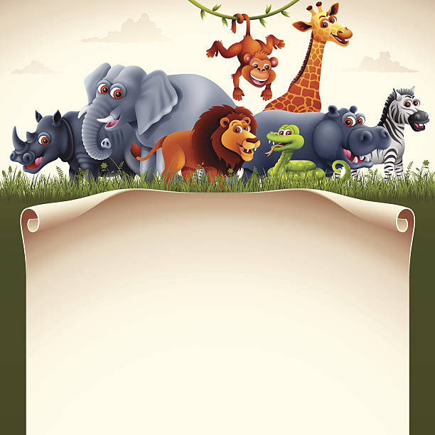 afrykańskie zwierzęta z przewiń - tropical rainforest animal cartoon lion stock illustrations