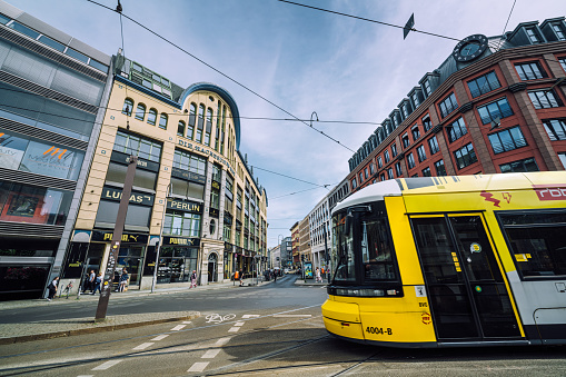 yellow tram at Hackescher Markt, Berlin: Iconic transportation in historic city