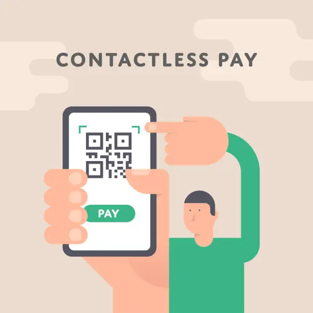 Vector illustration of Vector illustration of a hand holding a mobile phone with a QR code for mobile payment