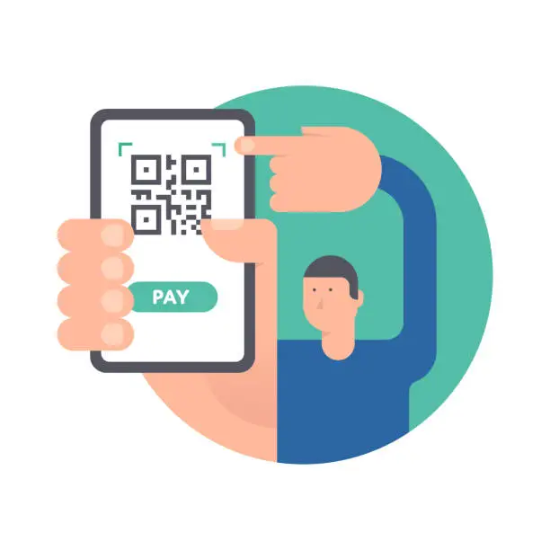 Vector illustration of Vector illustration of a hand holding a mobile phone with a QR code for mobile payment