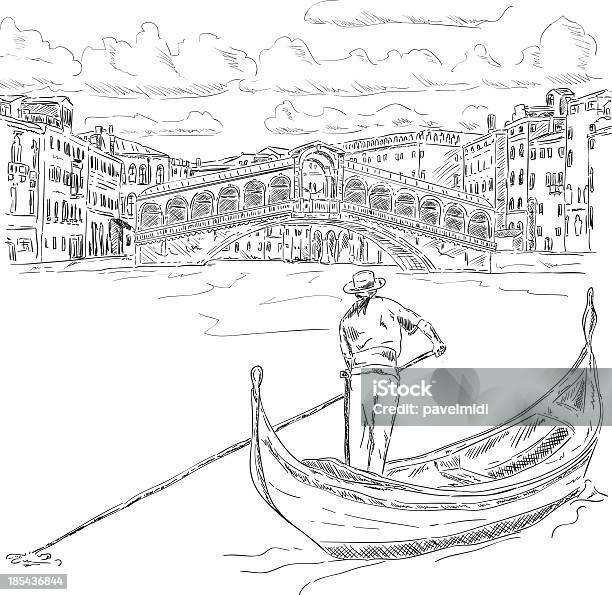 Ponte De Rialto Com Gôndola - Arte vetorial de stock e mais imagens de Veneza - Itália - Veneza - Itália, Gôndola, Desenhar