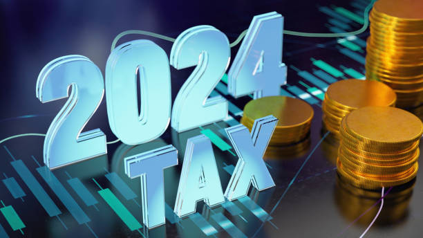 2024 Tax Sign with Coins on a Financial Data