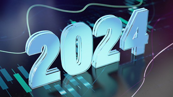 Blue 2024 Sign on Financial Chart. New Year Concept. 3D Render