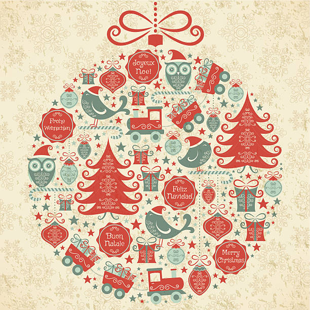 Retro Christmas Ornament Multilanguage Wishes vector art illustration