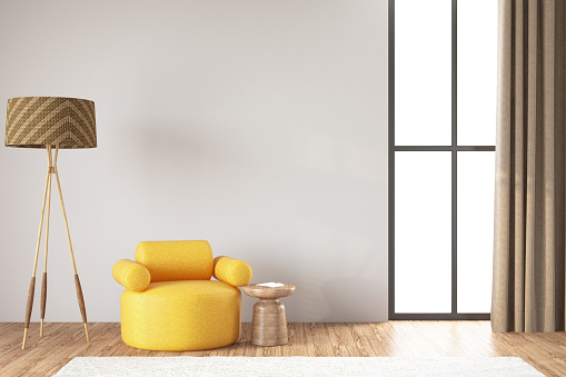 Empty White Room with Yellow Armchair. 3D Render