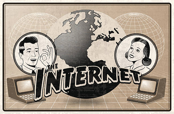 vintage depiction of the internet - aşk bulma sitesi illüstrasyonlar stock illustrations