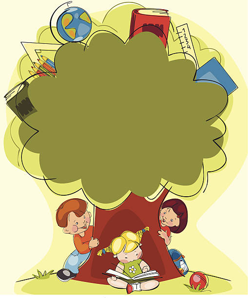 bildbanksillustrationer, clip art samt tecknat material och ikoner med cartoon illustration of child reading under a tree - skol schema