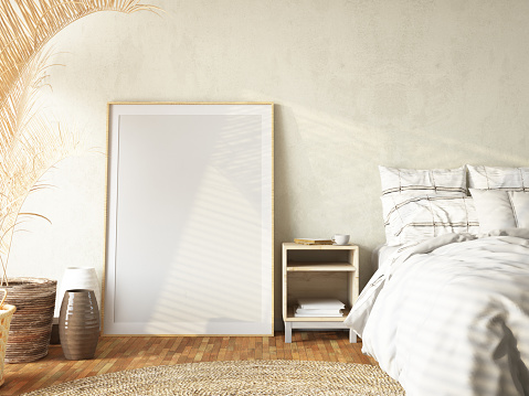 Empty Picture Frame in a Cozy Bedroom. 3D Render