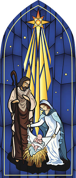 Nativity Vector illustration of the holy family of the nativity or birth of Jesus created as stained glass. bethlehem star stock illustrations