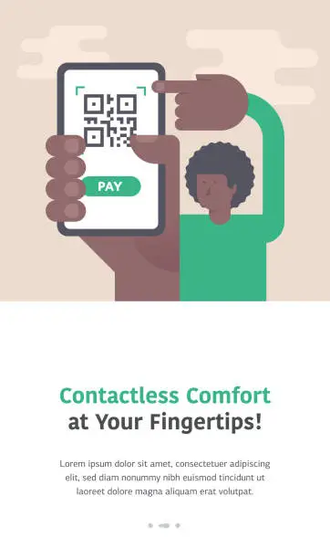 Vector illustration of Landing Page design with illustration of a black man hand holding a mobile phone with a QR code for contactless payment on the screen.