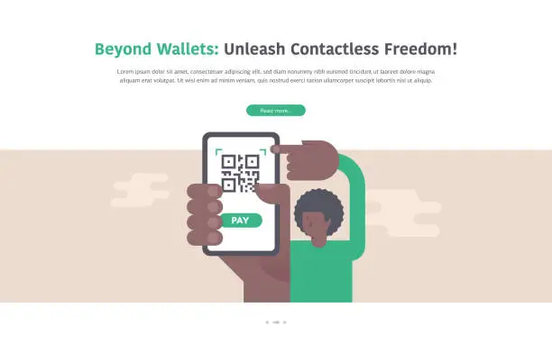 Vector illustration of Horizontal web banner illustration of a black man hand holding a mobile phone with a QR code for contactless payment on the screen.