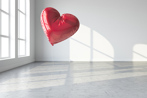 Single Red Heart Shaped Balloon in a Empty White Interior. 3D Render