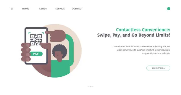 Vector illustration of Web site template with illustration of a black man hand holding a mobile phone with a QR code for contactless payment on the screen.