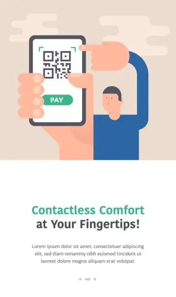 Vector illustration of Landing Page design with illustration of a woman hand holding a mobile phone with a QR code for contactless payment on the screen.