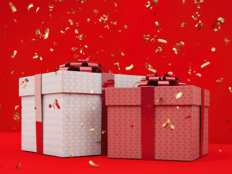 Red Gift Boxes with Confetti. 3D Render
