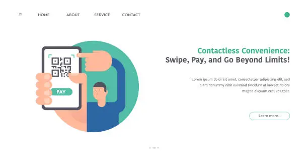 Vector illustration of Web site template with illustration of a man hand holding a mobile phone with a QR code for contactless payment on the screen.