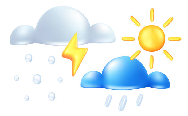 istock Vector illustration of weather set. Cloud and sun on white color background. 3d style design of rain or snow and lightning 1854385530