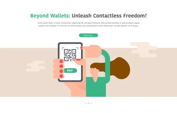 Vector illustration of Horizontal web banner illustration of a woman hand holding a mobile phone with a QR code for contactless payment on the screen.