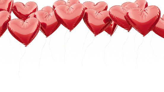 Red Heart Shaped Balloons Over White Background. 3D Render