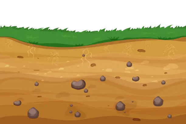 Vector illustration of Ground land underground cross section textured with stones in cartoon style. Game level, scenery. Farming ar garden. Vector illustration