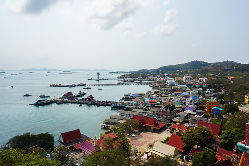 Koh Sichang is a district located in the Gulf. Off the coast of Sriracha District Chonburi Province Is the smallest district in Thailand. Aerial view of Koh Sichang.