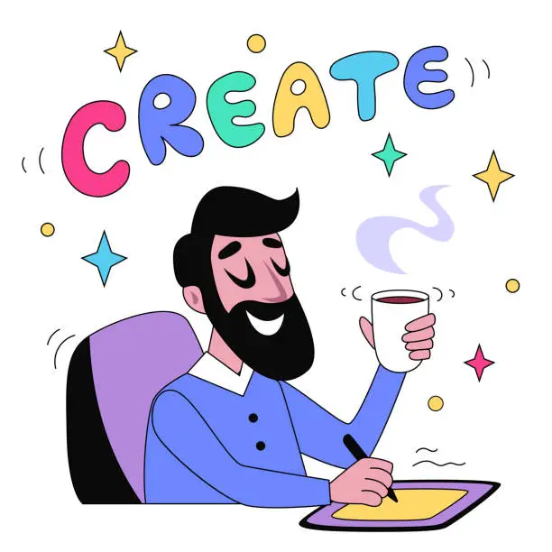 Vector illustration of Happy smiling male artist with coffee in hand drawing on a graphic tablet