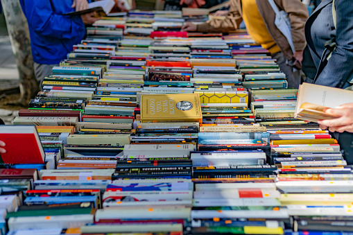 El Rastro Flea Market, Madrid, Spain. Street book stall at the flea market El Rastro.. Buying and selling new and second-hand books