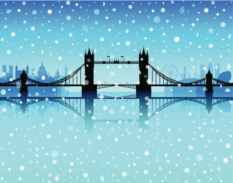 Tower Bridge in London with snow and other famous London buildings in the background, including the Tower of London, Westminster Abbey, Saint Paul's Cathedral, Big Ben and the Houses of Parliament, the London Eye, the Millenium Dome, Telecom Tower, Canary Wharf, a London phonebox, and City Hall. Each is highly detailed.