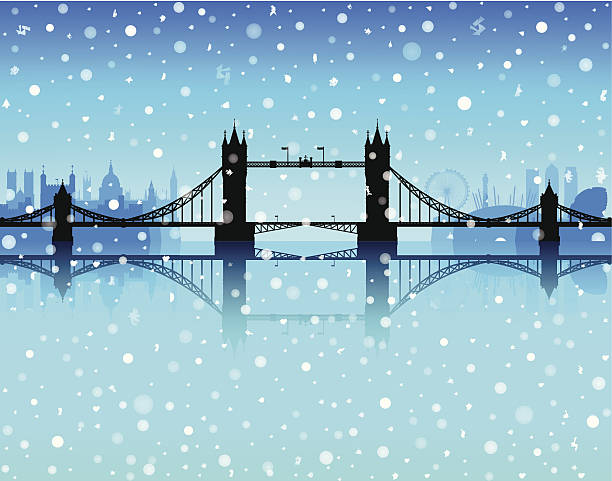 London Snow Tower Bridge in London with snow and other famous London buildings in the background, including the Tower of London, Westminster Abbey, Saint Paul's Cathedral, Big Ben and the Houses of Parliament, the London Eye, the Millenium Dome, Telecom Tower, Canary Wharf, a London phonebox, and City Hall. Each is highly detailed. winter wonderland london stock illustrations