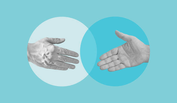 istock Collage with two shaking hands. Business negotiation, deal making or acquisition, merger concept. Compromise 1854432420