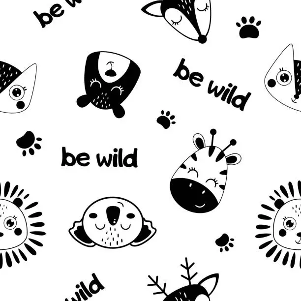 Vector illustration of Black and white animals  faces seamless pattern. Cute animal faces digital paper. Animal heads pattern in cartoon flat style.