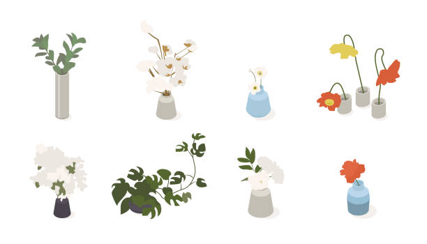 Collection of isometric low poly plants and flowers in various vases. Modern vector illustration. Collection of isometric low poly plants and flowers in various vases. low flower arrangements drawings stock illustrations