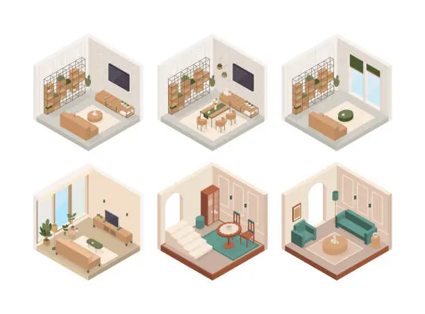 Vector illustration of Collection of vector isometric low poly cozy rooms with various furniture. Modern vector illustration.