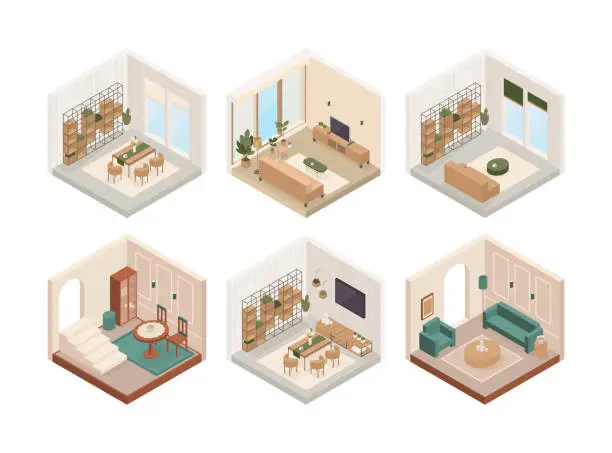Vector illustration of Collection of vector isometric low poly cozy rooms with various furniture. Modern vector illustration.