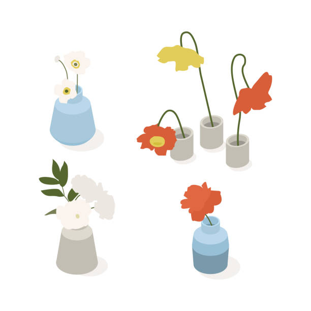Collection of isometric low poly plants and flowers in various vases. Modern vector illustration. Collection of isometric low poly plants and flowers in various vases. low flower arrangements drawings stock illustrations