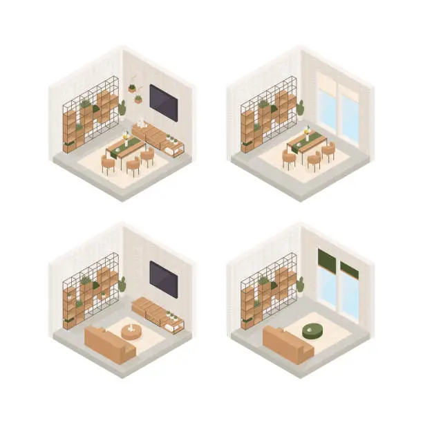 Vector illustration of Collection of vector isometric low poly cozy rooms with various furniture. Modern vector illustration.