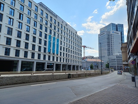 Frankfurt, Germany - June 11, 2023: Street view at center of Frankfurt am Main, Hesse, Germany. City life on a day in Frankfurt.